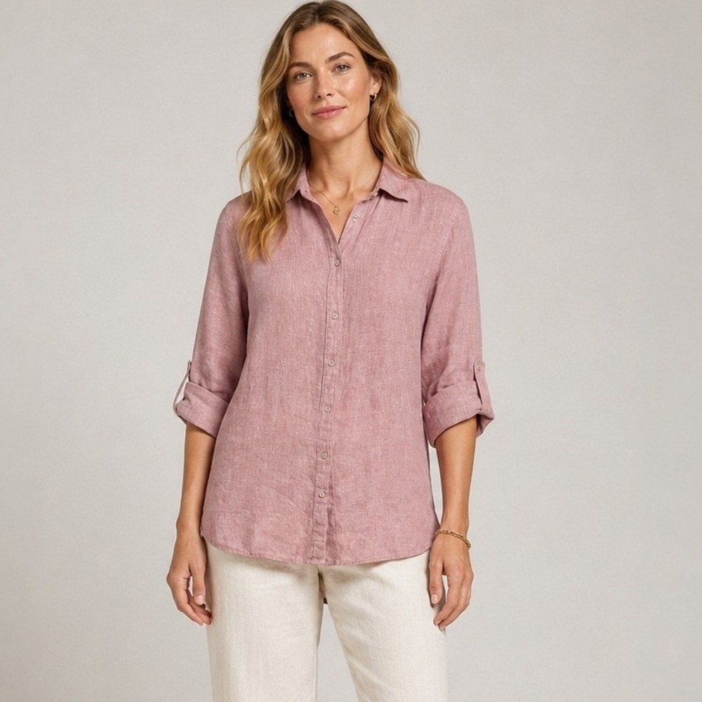 Tahari‎ Button Down Shirt Womens L Pink 100% Linen Roll Tab Sleeve Coastal